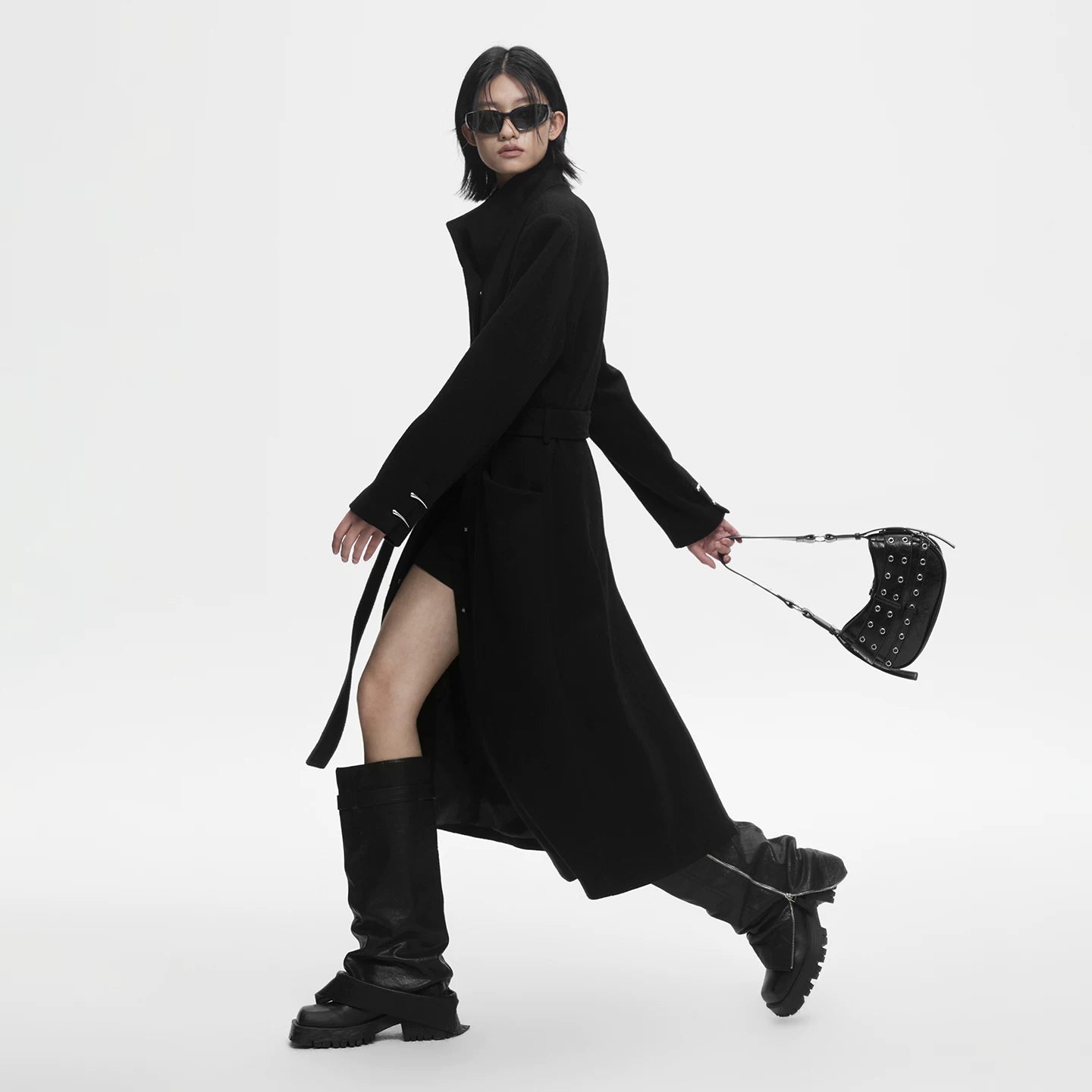 Lapargay avant-garde designed wool coat, high stand collar, self-tie belt long coat L78101605C - Lapargay