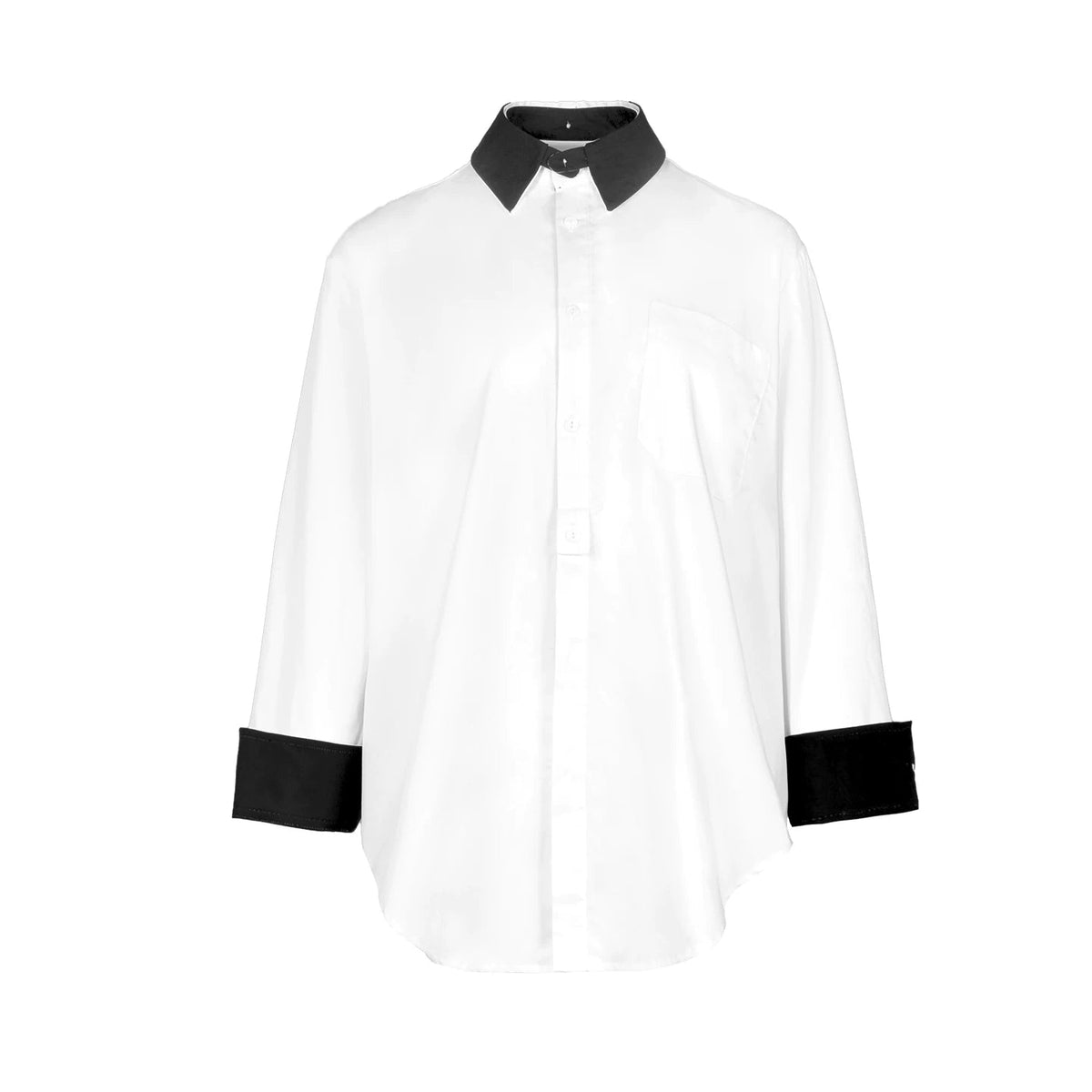 Lapargay Black and White Color-Block Spread Collar Shirt, Loose Mid-Length, Simple Single Pocket L78101012C - Lapargay