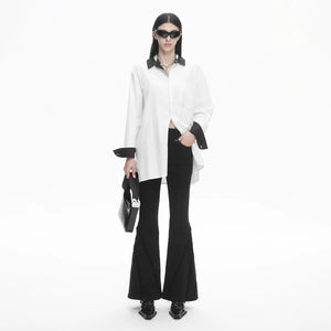 Lapargay Black and White Color-Block Spread Collar Shirt, Loose Mid-Length, Simple Single Pocket L78101012C - Lapargay