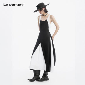 Lapargay Black and White Contrast Camisole Long Dress Slit Layered Design Waist-Defined Slimming L78209004C - Lapargay