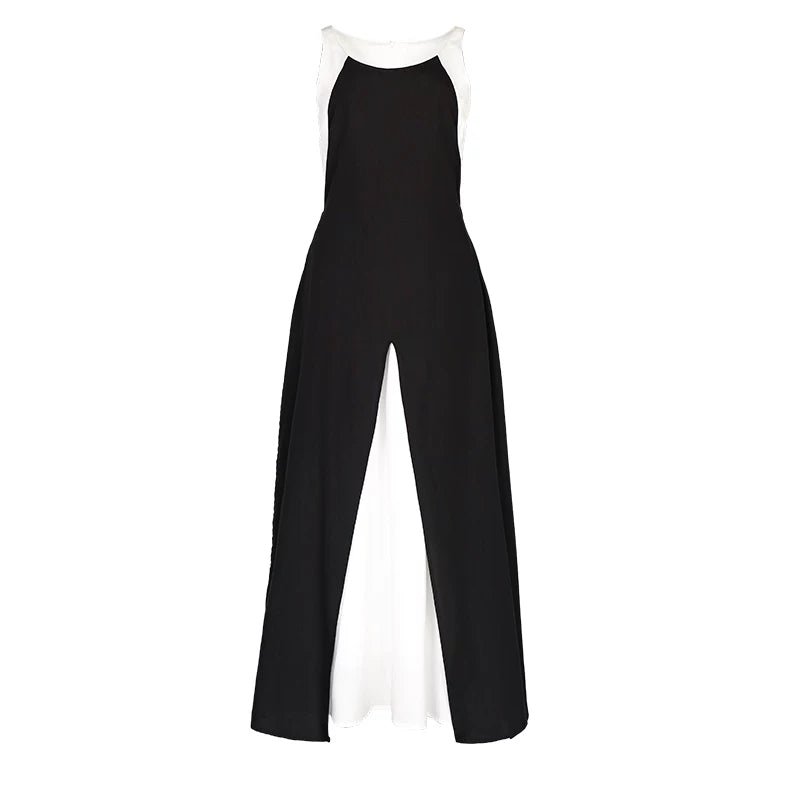 Lapargay Black and White Contrast Camisole Long Dress Slit Layered Design Waist-Defined Slimming L78209004C - Lapargay