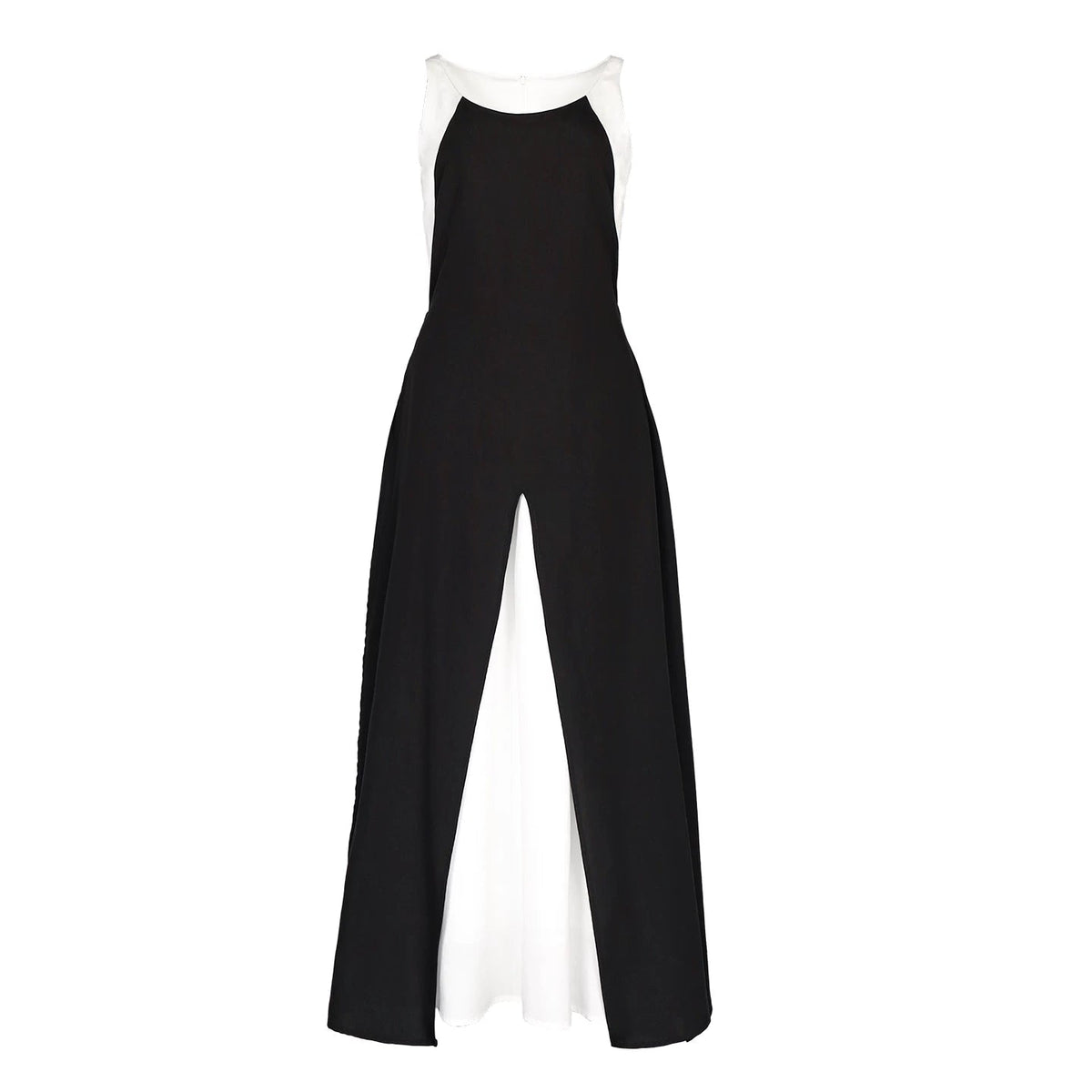 Lapargay Black and White Contrast Camisole Long Dress Slit Layered Design Waist-Defined Slimming L78209004C - Lapargay