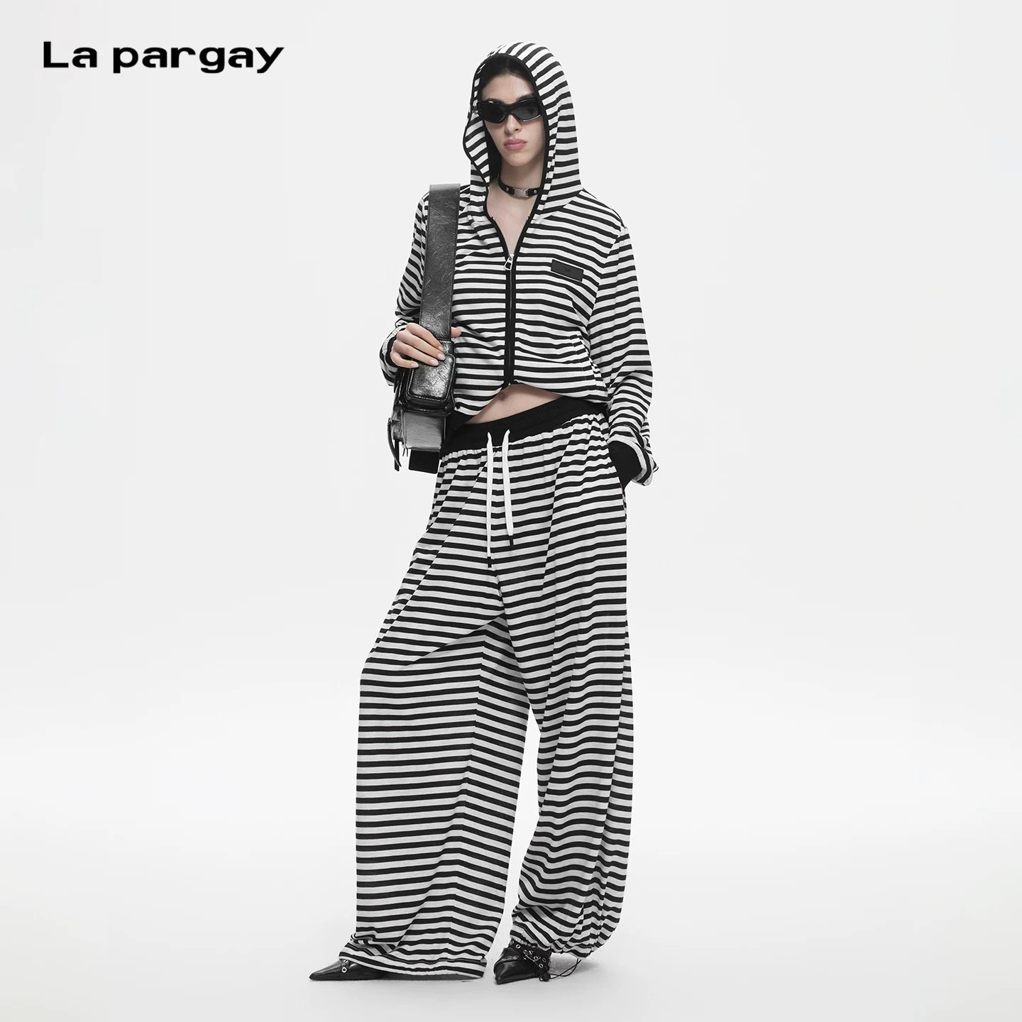 Lapargay Black and White Contrast Casual Pants Elastic Drawstring Waistband Daily Commute Easy to Wear L78202612C - Lapargay