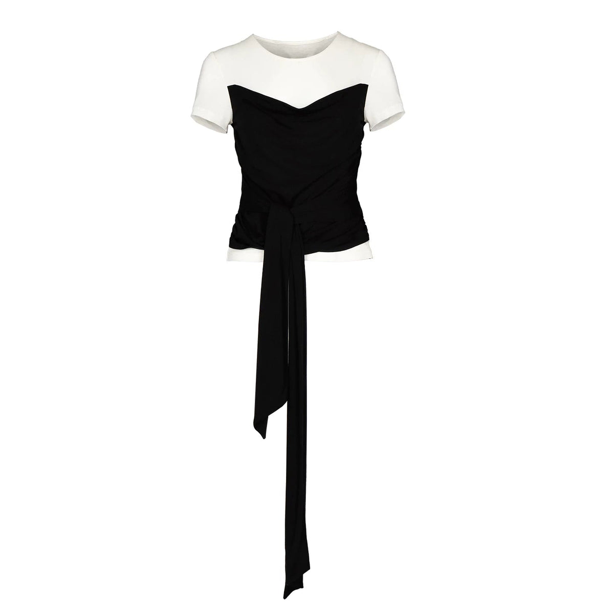 Lapargay Black and White Contrast Short-Sleeve T-Shirt, Fake Layered Draped Neckline, Tie-Waist Slim Fit L78200218C - Lapargay