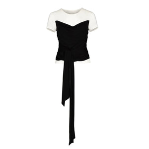 Lapargay Black and White Contrast Short-Sleeve T-Shirt, Fake Layered Draped Neckline, Tie-Waist Slim Fit L78200218C - Lapargay