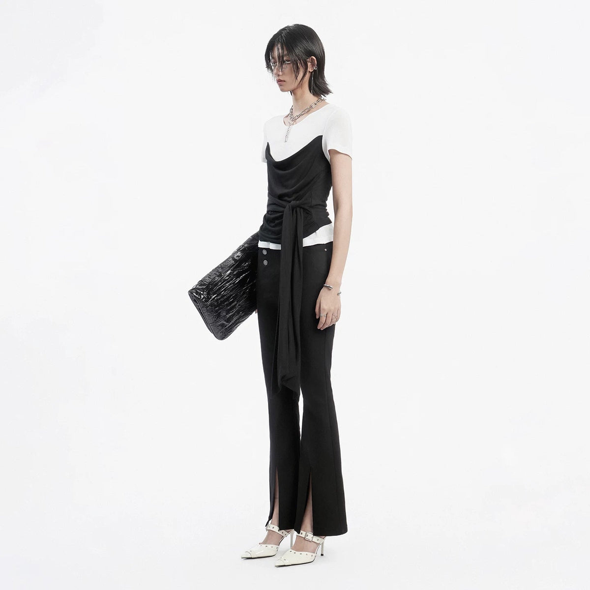 Lapargay Black and White Contrast Short-Sleeve T-Shirt, Fake Layered Draped Neckline, Tie-Waist Slim Fit L78200218C - Lapargay