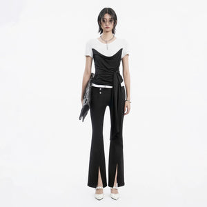 Lapargay Black and White Contrast Short-Sleeve T-Shirt, Fake Layered Draped Neckline, Tie-Waist Slim Fit L78200218C - Lapargay