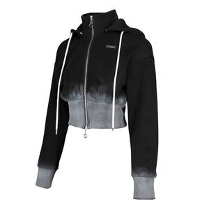 Lapargay black and white gradient technique short waist-cinching jacket double zip stand collar hooded L78101236C - Lapargay