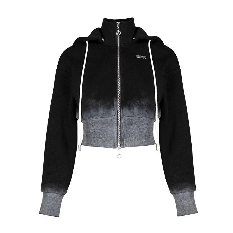 Lapargay black and white gradient technique short waist-cinching jacket double zip stand collar hooded L78101236C - Lapargay