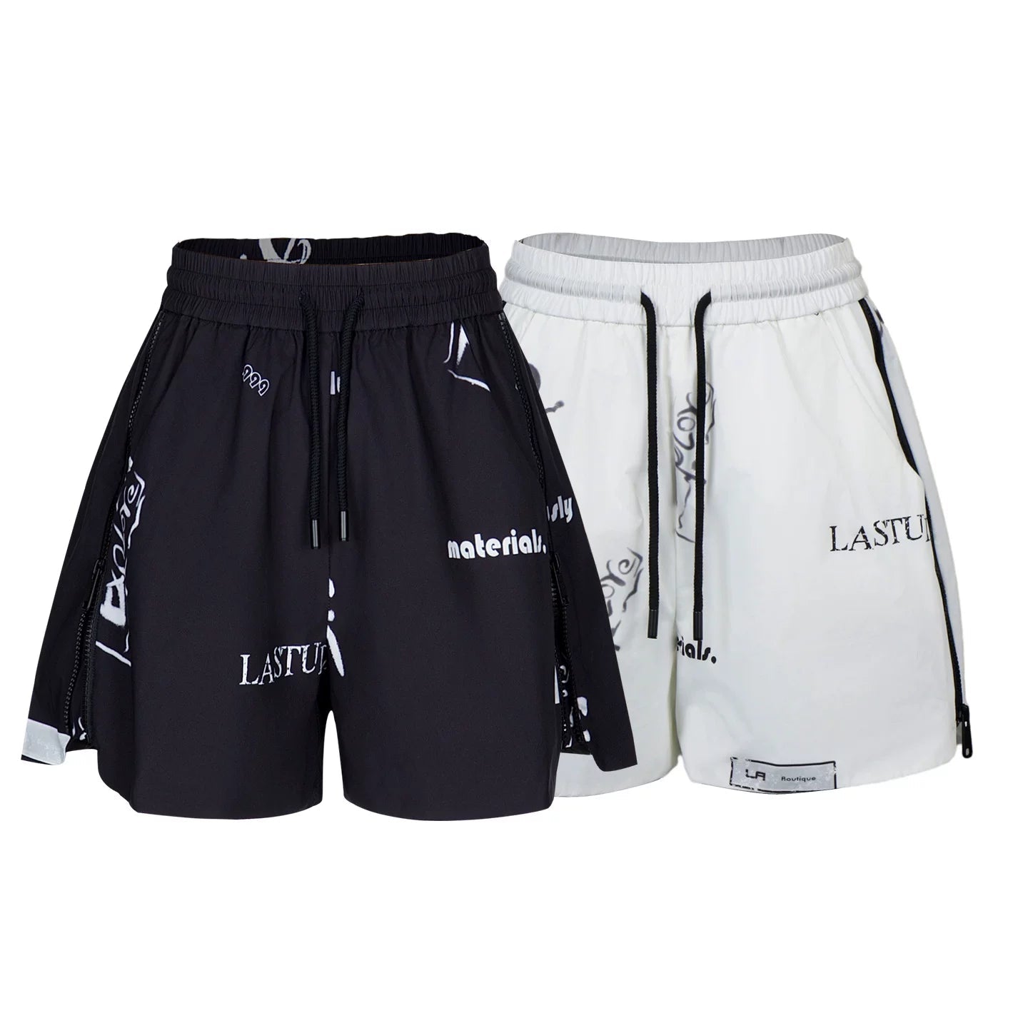 Lapargay black and white graffiti casual pants side zipper decoration neat short fit L78202203V - Lapargay