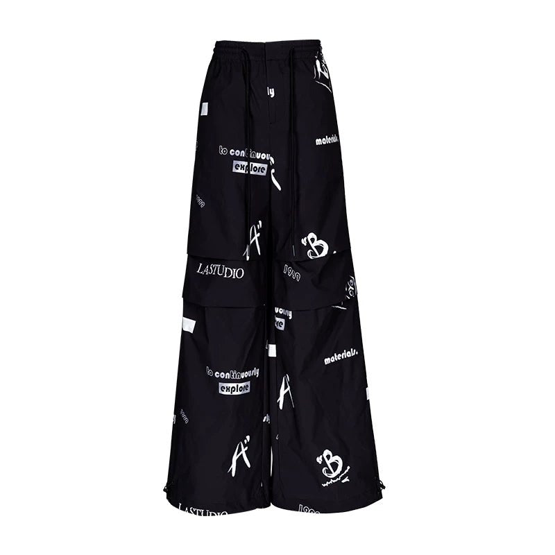 Lapargay black and white graffiti casual pants side zipper decoration neat short fit L78202203V - Lapargay