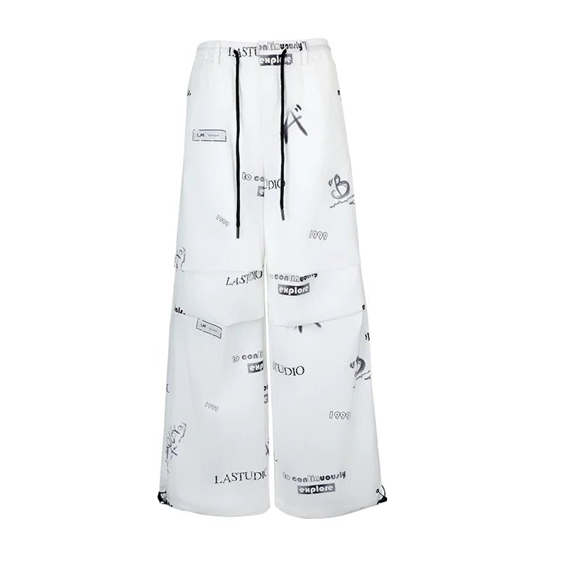 Lapargay black and white graffiti casual pants side zipper decoration neat short fit L78202203V - Lapargay