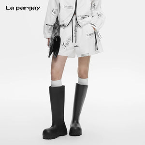 Lapargay black and white graffiti casual pants side zipper decoration neat short fit L78202203V - Lapargay