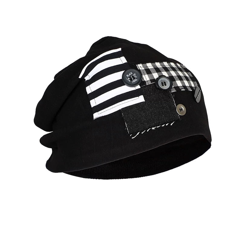 Lapargay Black and White Patchwork Knit Beanie with Unique Buttons, Loose Fit L78106002X - Lapargay