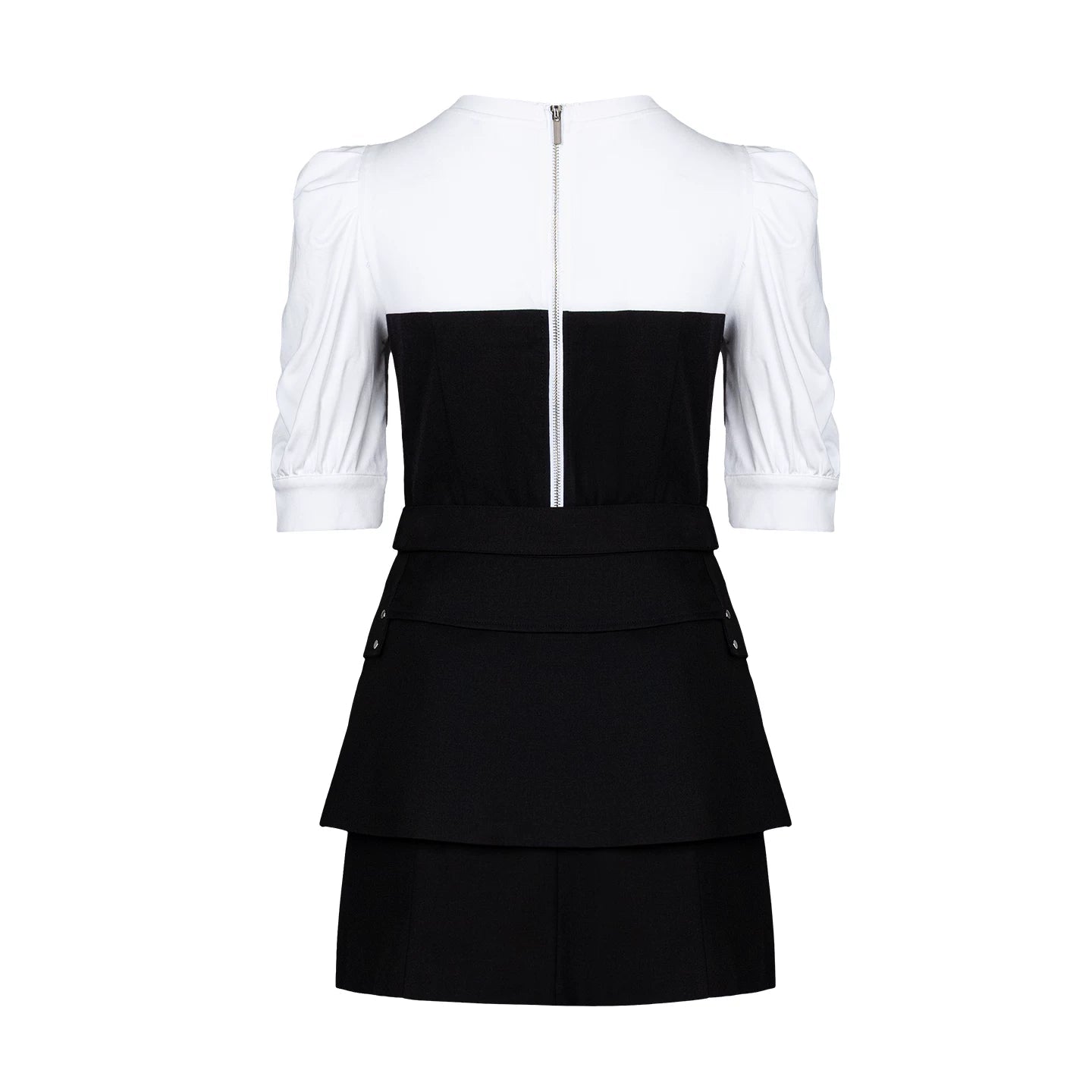 Lapargay black and white spliced two-piece dress, utility pockets, belted short skirt style L66309093C - Lapargay