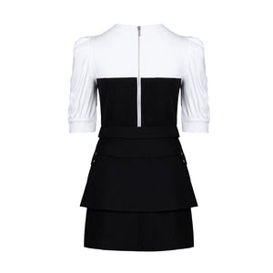 Lapargay black and white spliced two-piece dress, utility pockets, belted short skirt style L66309093C - Lapargay