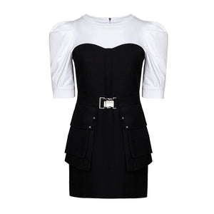 Lapargay black and white spliced two-piece dress, utility pockets, belted short skirt style L66309093C - Lapargay