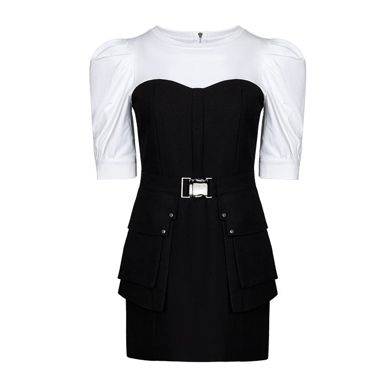 Lapargay black and white spliced two-piece dress, utility pockets, belted short skirt style L66309093C - Lapargay