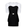 Lapargay black and white spliced two-piece dress, utility pockets, belted short skirt style L66309093C - Lapargay