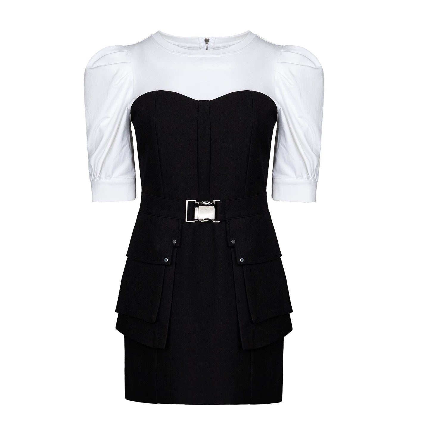 Lapargay black and white spliced two-piece dress, utility pockets, belted short skirt style L66309093C - Lapargay
