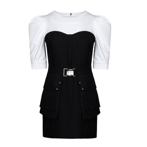 Lapargay black and white spliced two-piece dress, utility pockets, belted short skirt style L66309093C - Lapargay
