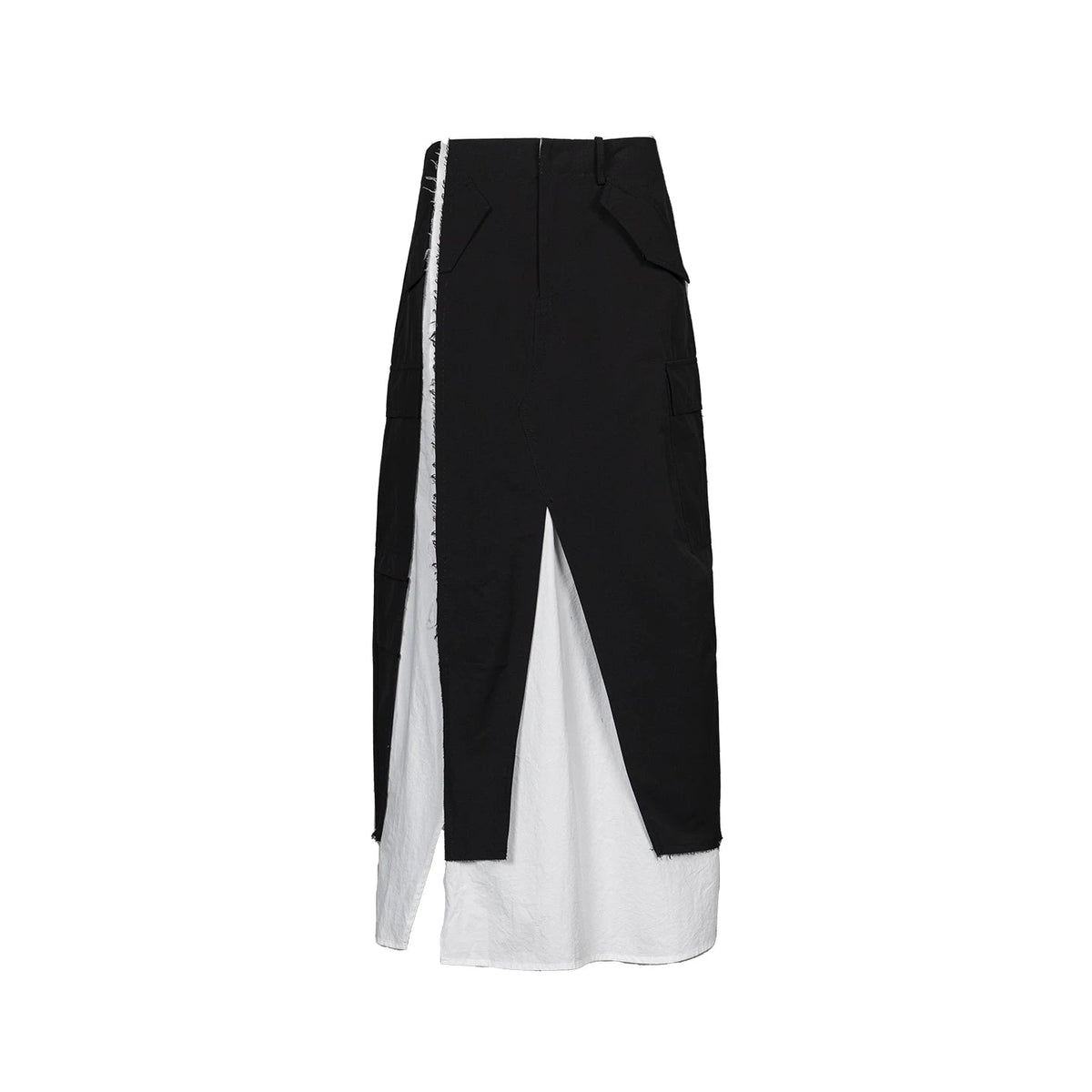 Lapargay black and white spliced utility half-skirt, built-in white slip skirt, irregular frayed design L78109108V - Lapargay