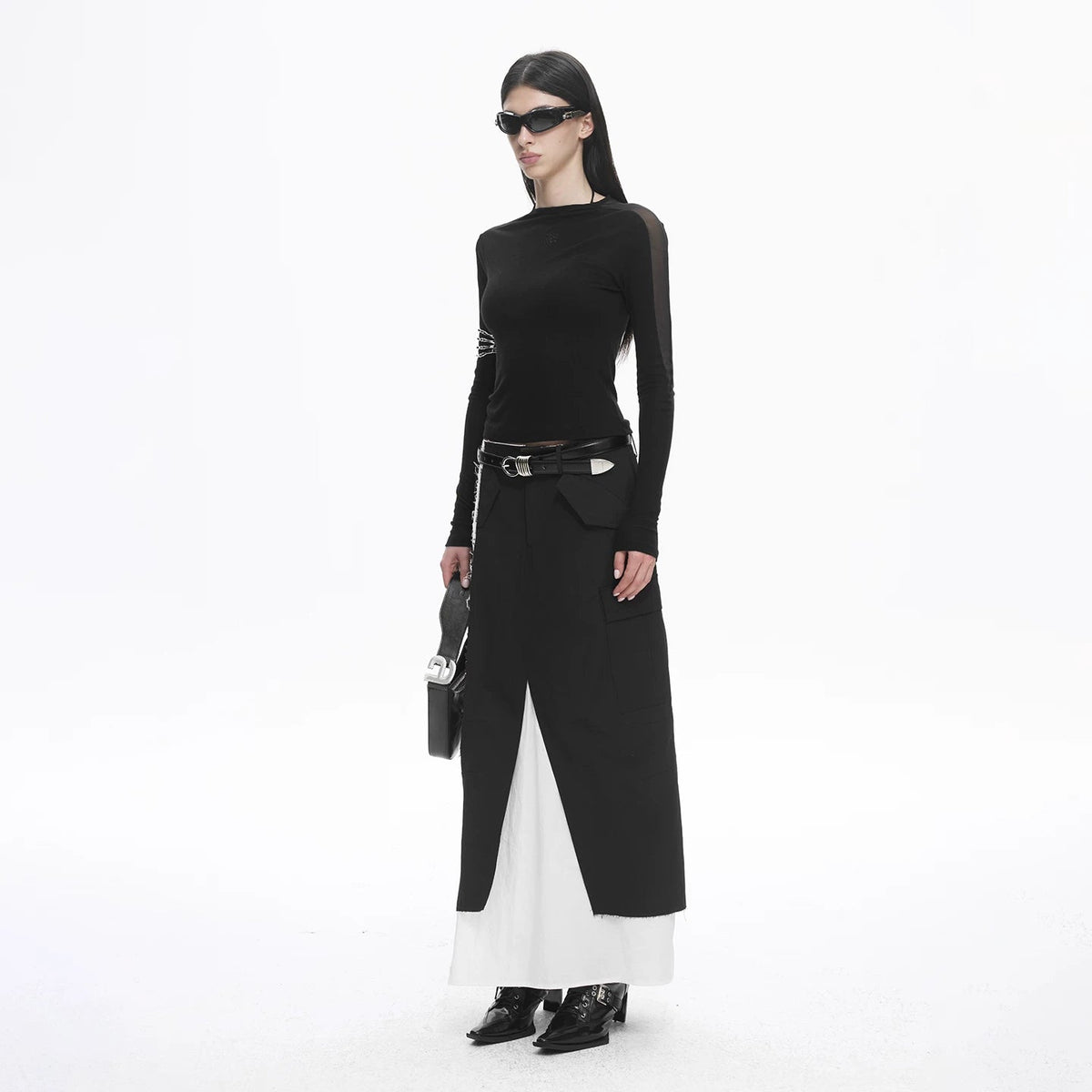 Lapargay black and white spliced utility half-skirt, built-in white slip skirt, irregular frayed design L78109108V - Lapargay