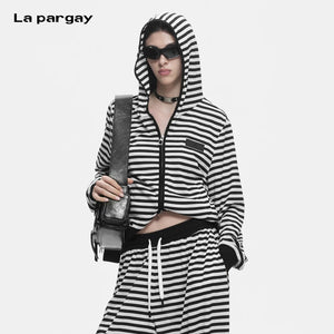Lapargay Black and White Stripe Contrast, Hooded Zipper Design, Ribbed Waist Slimming Jacket L78201205C - Lapargay