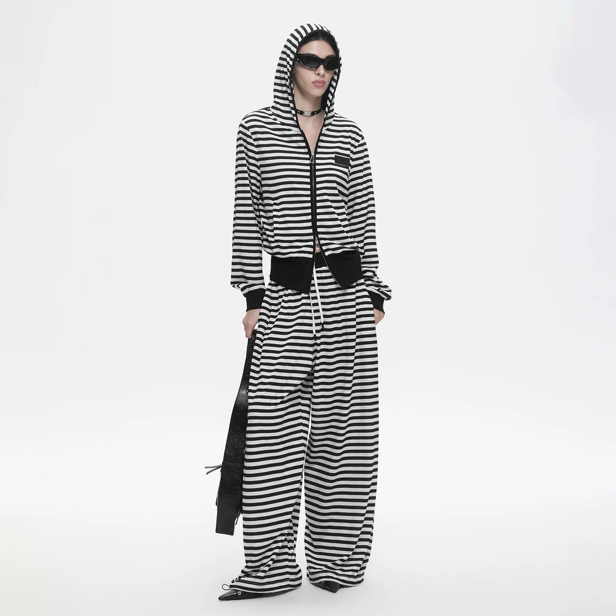 Lapargay Black and White Stripe Contrast, Hooded Zipper Design, Ribbed Waist Slimming Jacket L78201205C - Lapargay
