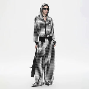 Lapargay Black and White Stripe Contrast, Hooded Zipper Design, Ribbed Waist Slimming Jacket L78201205C - Lapargay