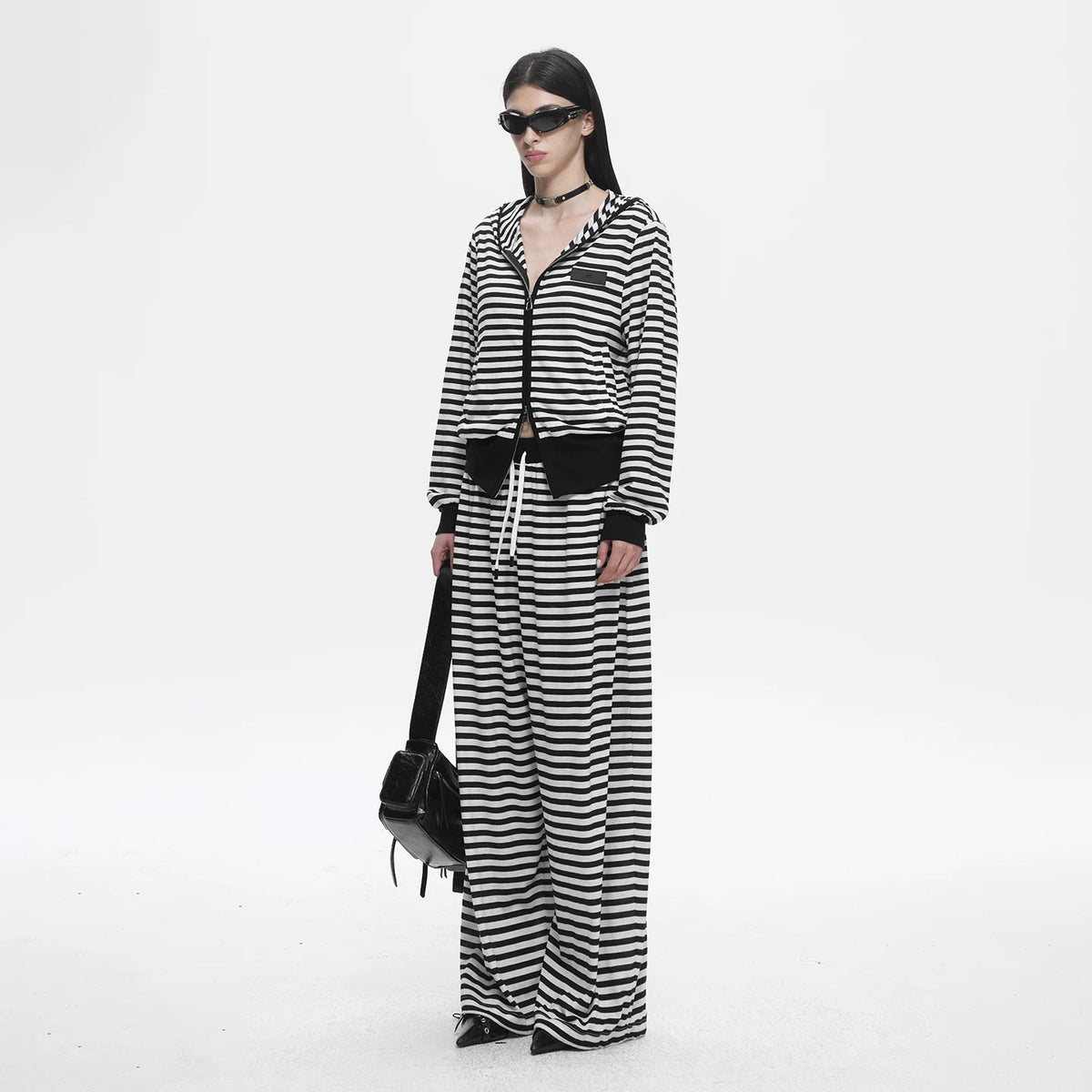 Lapargay Black and White Stripe Contrast, Hooded Zipper Design, Ribbed Waist Slimming Jacket L78201205C - Lapargay