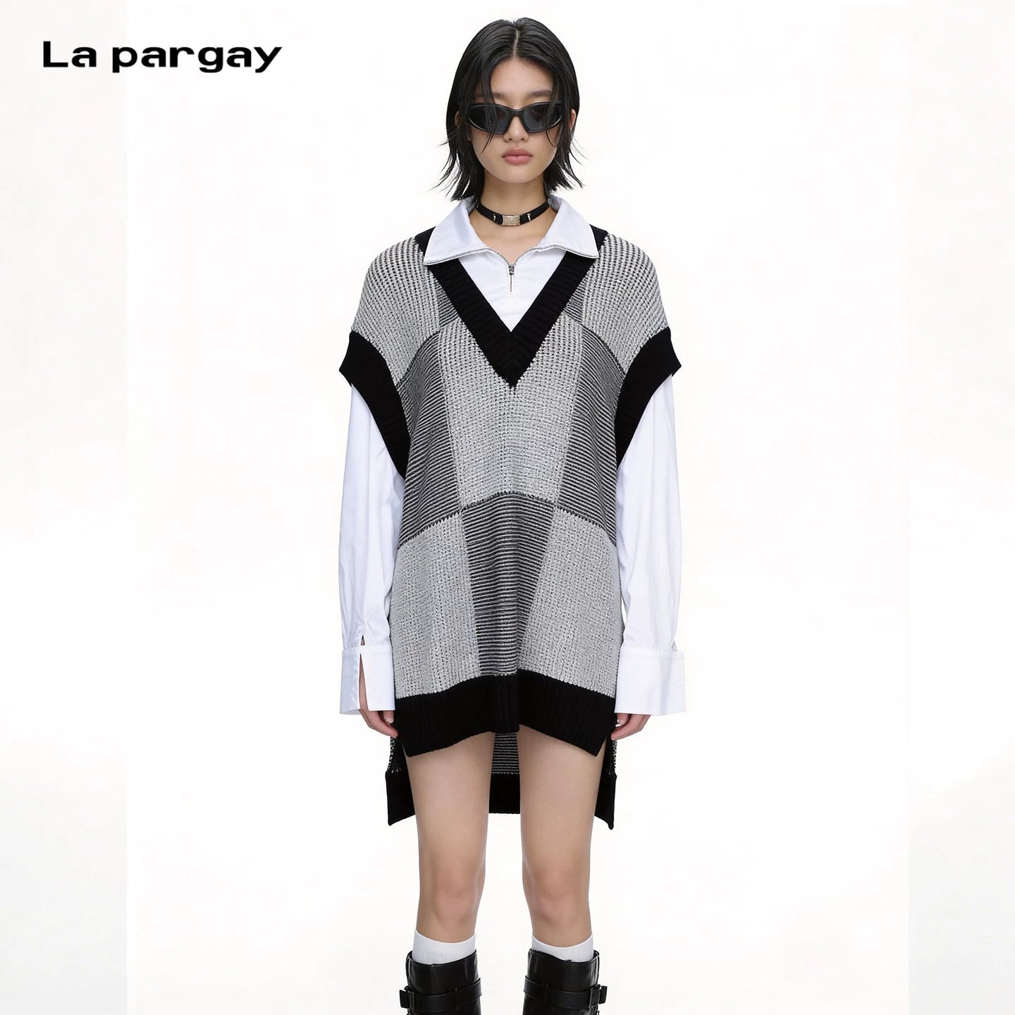 Lapargay Black and White Textured Knit Vest Half-Zip Mock Neck Shirt Layered Two-Piece L66308253C - Lapargay