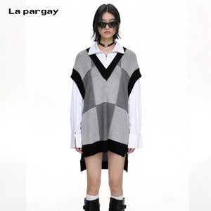 Lapargay Black and White Textured Knit Vest Half-Zip Mock Neck Shirt Layered Two-Piece L66308253C - Lapargay