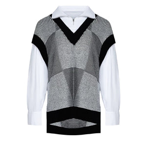 Lapargay Black and White Textured Knit Vest Half-Zip Mock Neck Shirt Layered Two-Piece L66308253C - Lapargay