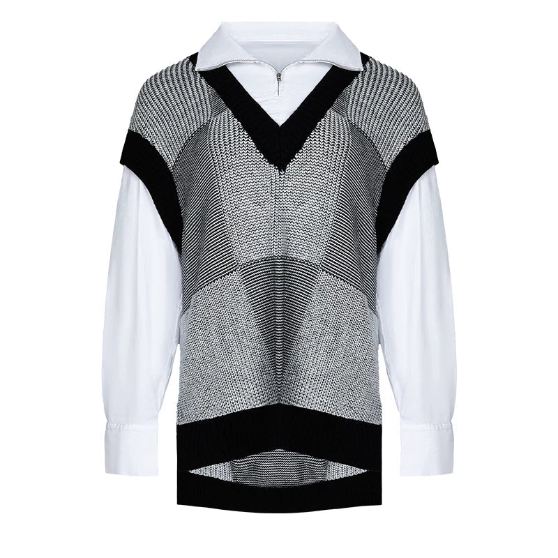 Lapargay Black and White Textured Knit Vest Half-Zip Mock Neck Shirt Layered Two-Piece L66308253C - Lapargay