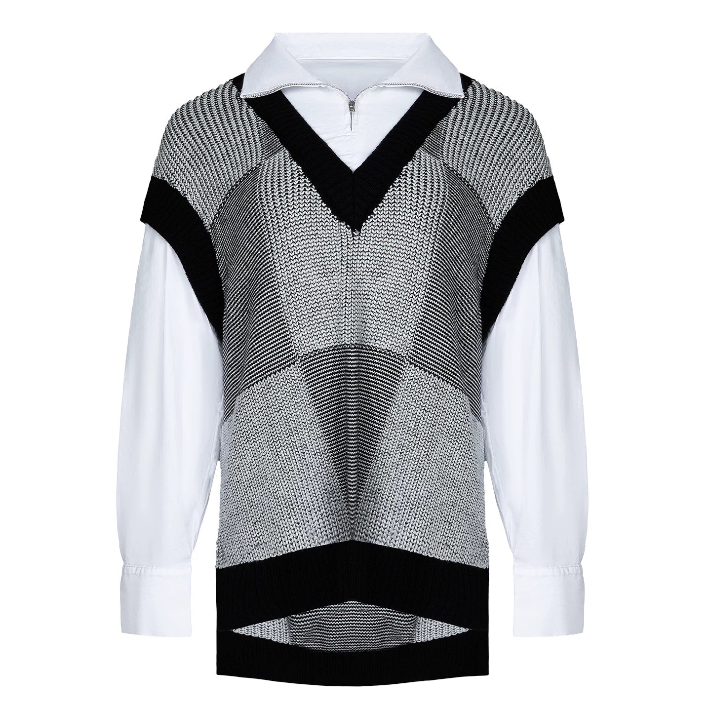 Lapargay Black and White Textured Knit Vest Half-Zip Mock Neck Shirt Layered Two-Piece L66308253C - Lapargay