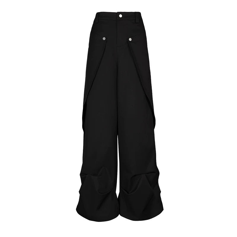 Lapargay Black Cargo Wide Leg Pants Hem Pleat Design Leg-shaping Effect L78102636B - Lapargay