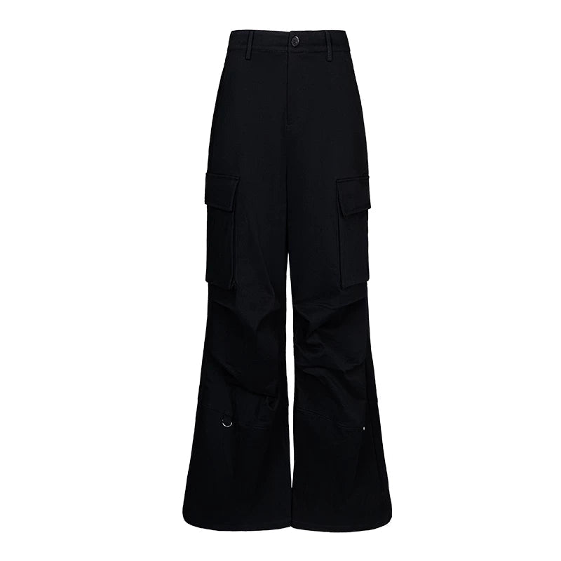 Lapargay Black Casual Cargo Pants High-Waist Flared Style Double Side Patch Pockets L75102607C - Lapargay