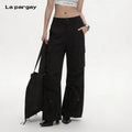 Lapargay Black Casual Cargo Pants High-Waist Flared Style Double Side Patch Pockets L75102607C - Lapargay