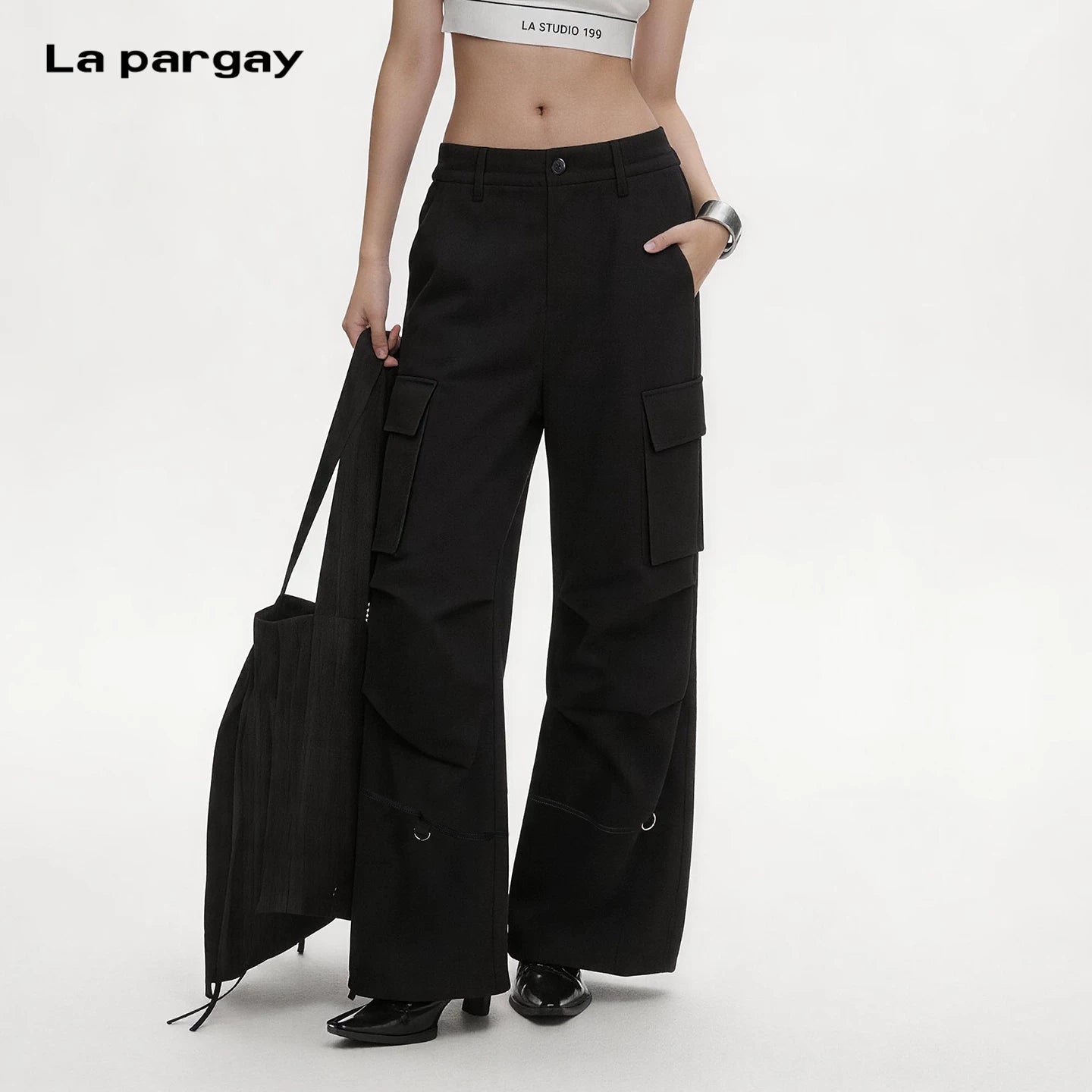 Lapargay Black Casual Cargo Pants High-Waist Flared Style Double Side Patch Pockets L75102607C - Lapargay