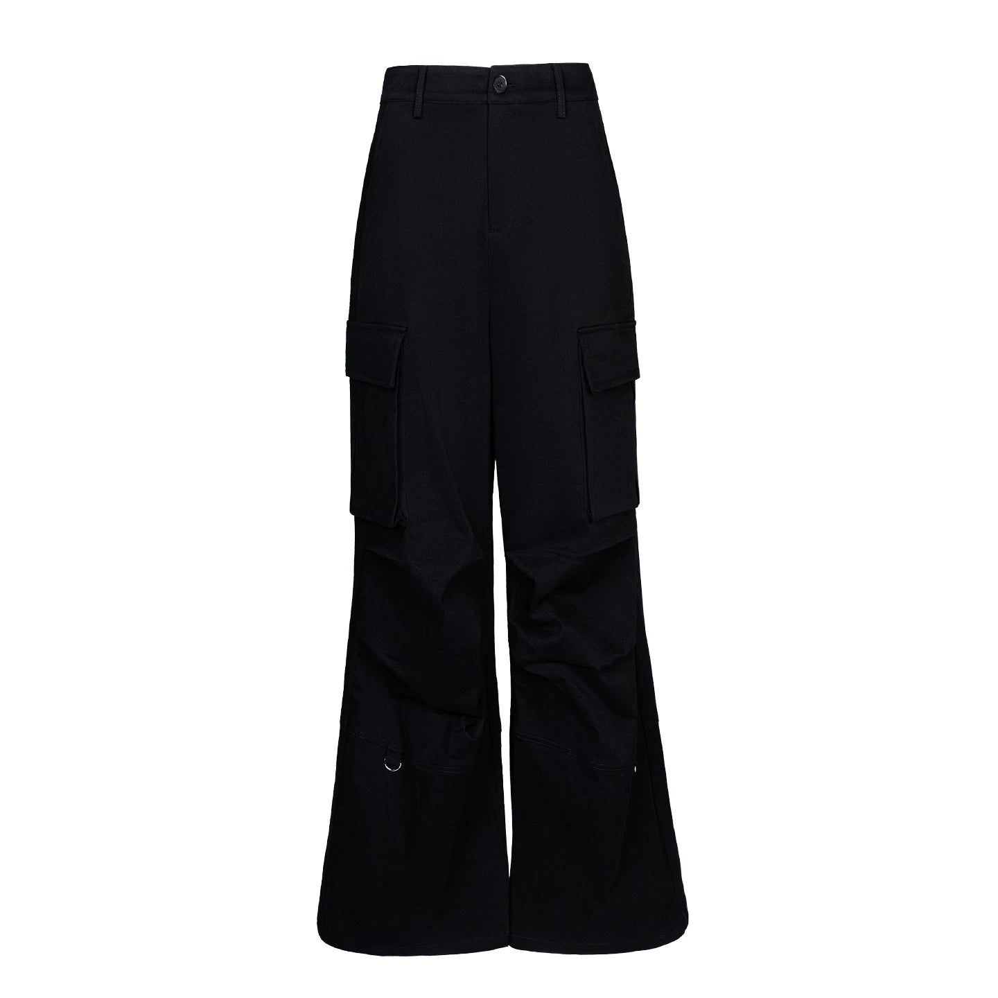 Lapargay Black Casual Cargo Pants High-Waist Flared Style Double Side Patch Pockets L75102607C - Lapargay