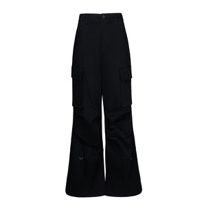 Lapargay Black Casual Cargo Pants High-Waist Flared Style Double Side Patch Pockets L75102607C - Lapargay
