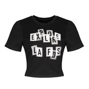 Lapargay Black Contrast Letter Print Short T Simple Clean Cut Fits Body Shape L75200208B - Lapargay