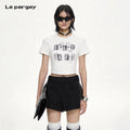 Lapargay Black Contrast Letter Print Short T Simple Clean Cut Fits Body Shape L75200208B - Lapargay