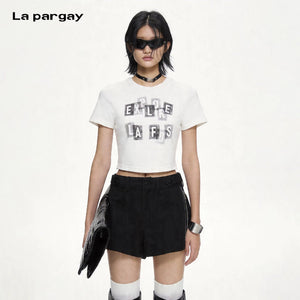 Lapargay Black Contrast Letter Print Short T Simple Clean Cut Fits Body Shape L75200208B - Lapargay
