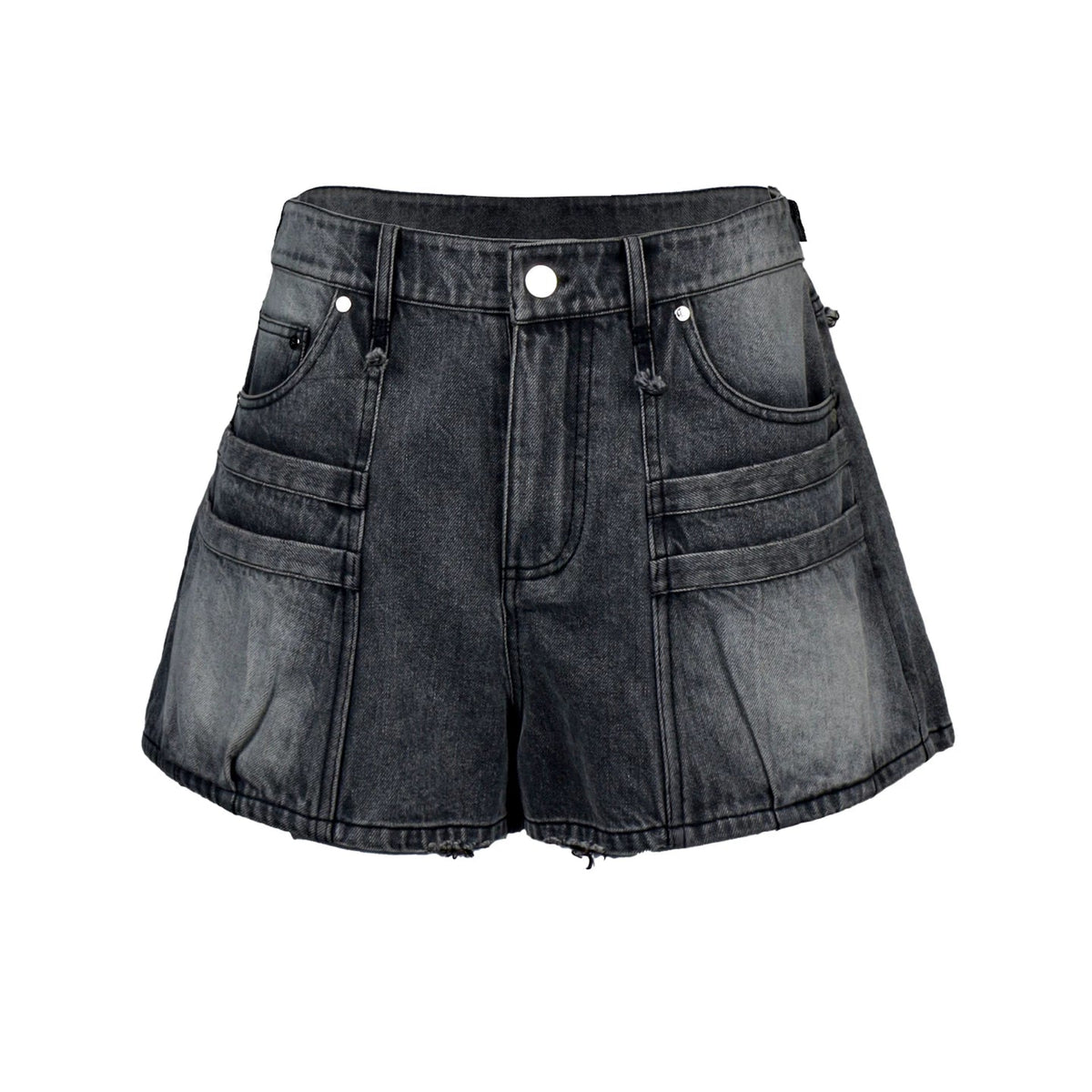 Lapargay Black Gray Washed Denim Casual Pants Multi-Pocket Structure Frayed Hem Design L78202205V - Lapargay