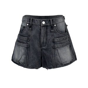 Lapargay Black Gray Washed Denim Casual Pants Multi-Pocket Structure Frayed Hem Design L78202205V - Lapargay