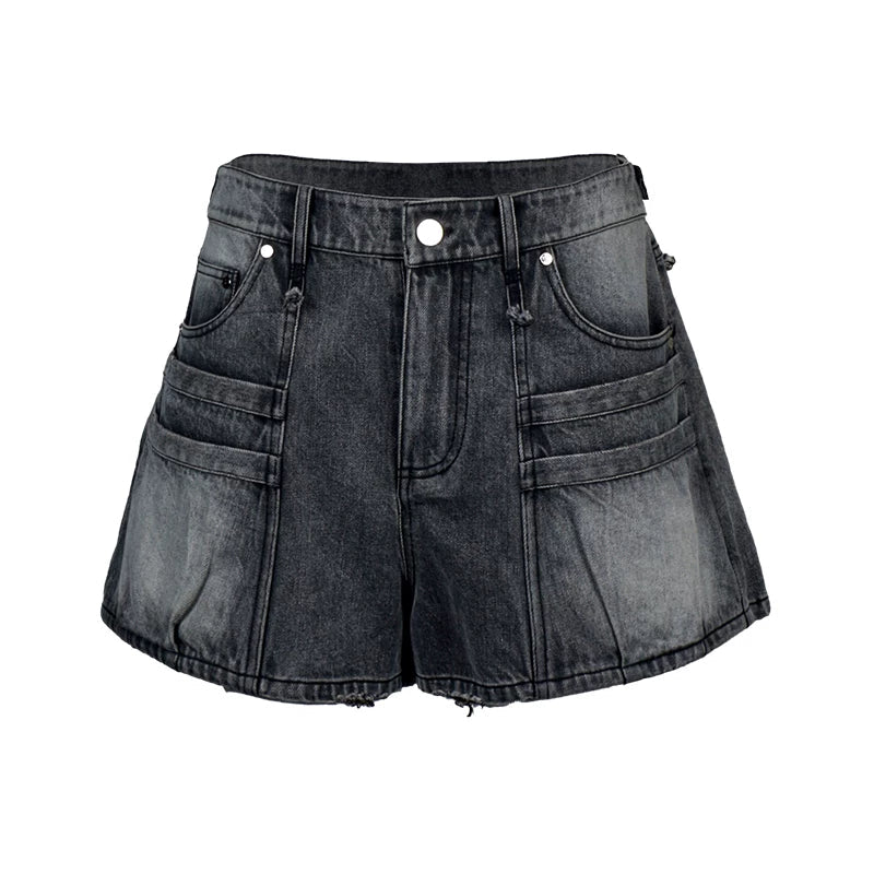 Lapargay Black Gray Washed Denim Casual Pants Multi-Pocket Structure Frayed Hem Design L78202205V - Lapargay
