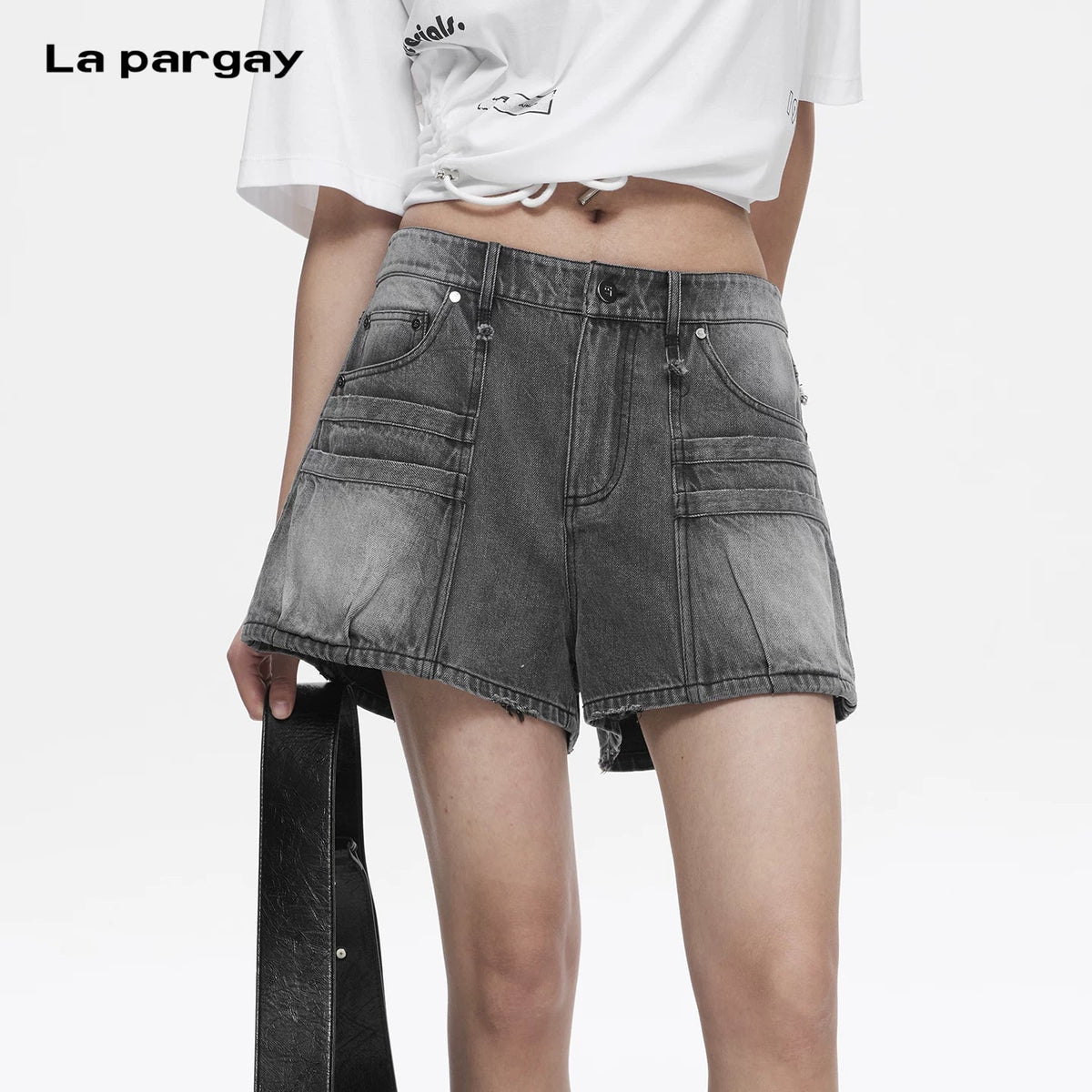 Lapargay Black Gray Washed Denim Casual Pants Multi-Pocket Structure Frayed Hem Design L78202205V - Lapargay