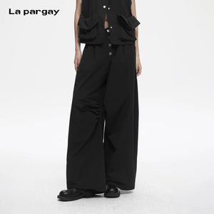 Lapargay black high-waisted casual pants button-front wide-leg pleated slimming trousers L78202605V - Lapargay